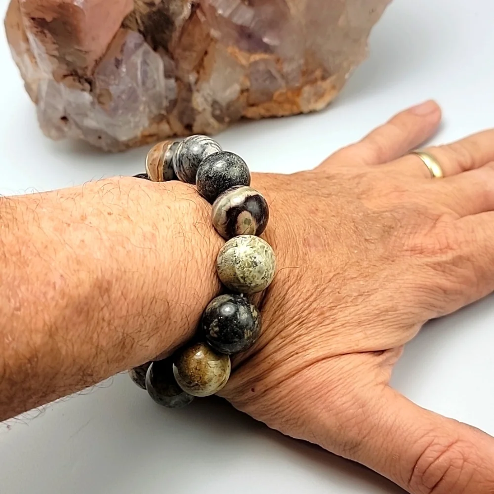 18.1mm Natural Black Plum Blossom Jade Gemstone Beaded Chunky Bracelet Colorful
